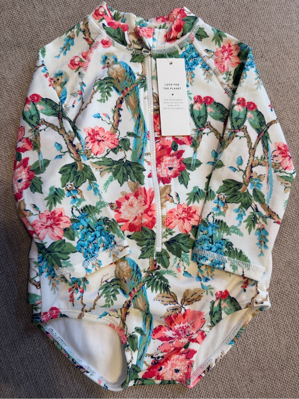 Janie and Jack Cream Floral Parrot Long-Sleeve One-Piece Swimsuit